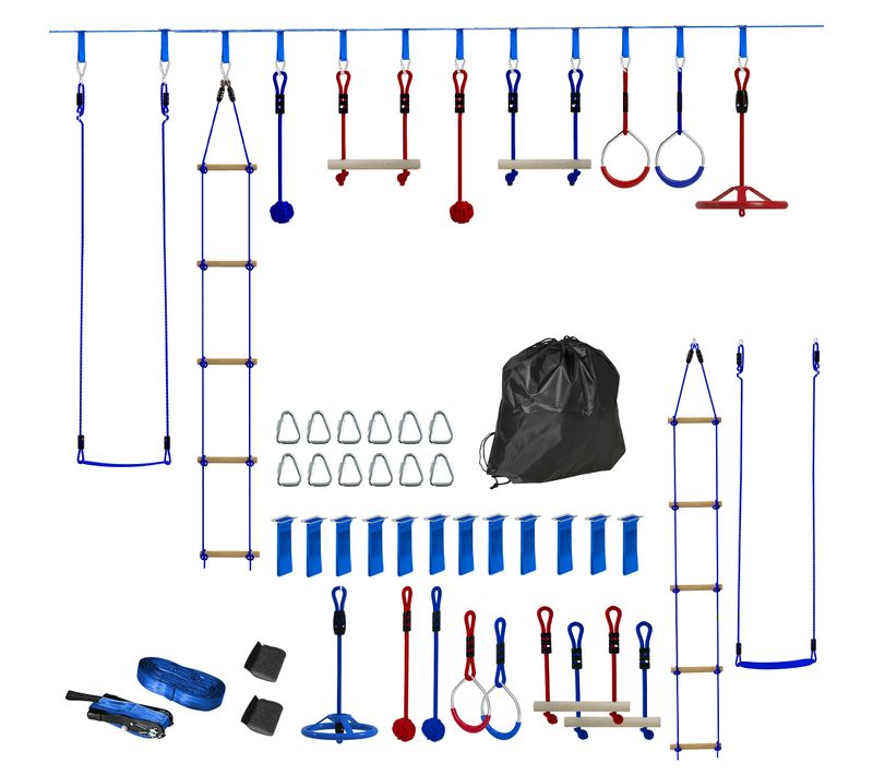 Parcours D'obstacles Ninja Enfant 10m 10 Accessoires Max. 50kg Bleu Rouge