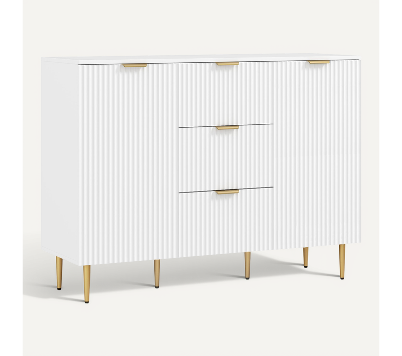 Buffet Enfilade 2 Portes 2 étagères 3 Tiroirs Métal Doré Effet Cannelé