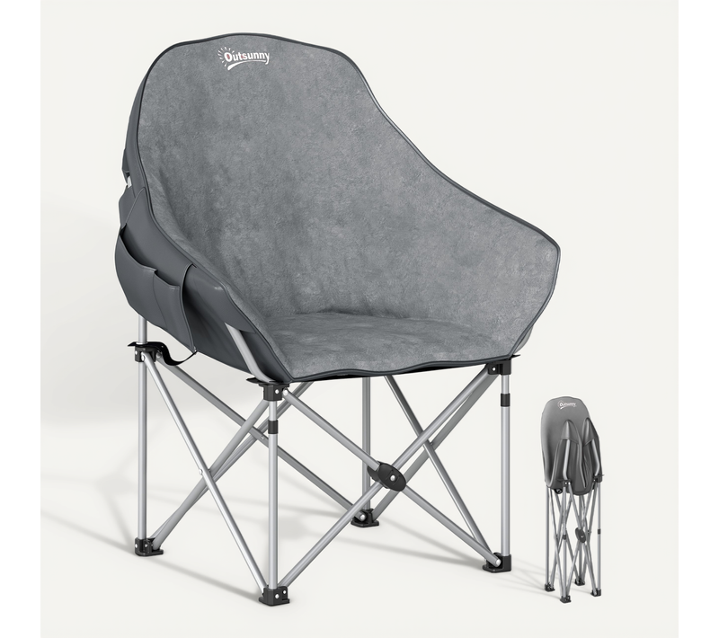 Chaise De Camping Pliante Rembourré Revêtement Toucher Daim Rangements Sac Inclus Gris