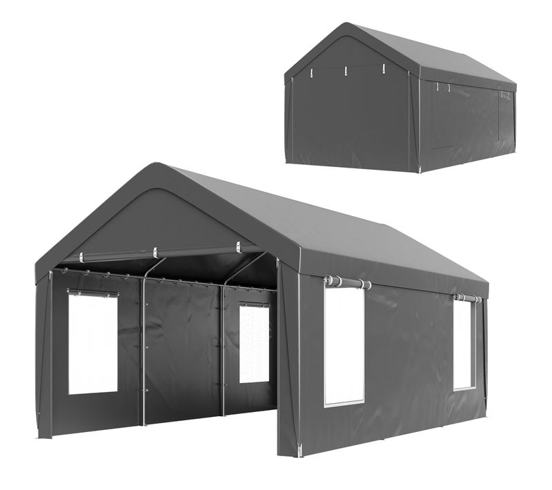 Tente Garage Carport 2 Portes 4 Fenêtres Acier Galvanisé Pe Haute Densité Gris