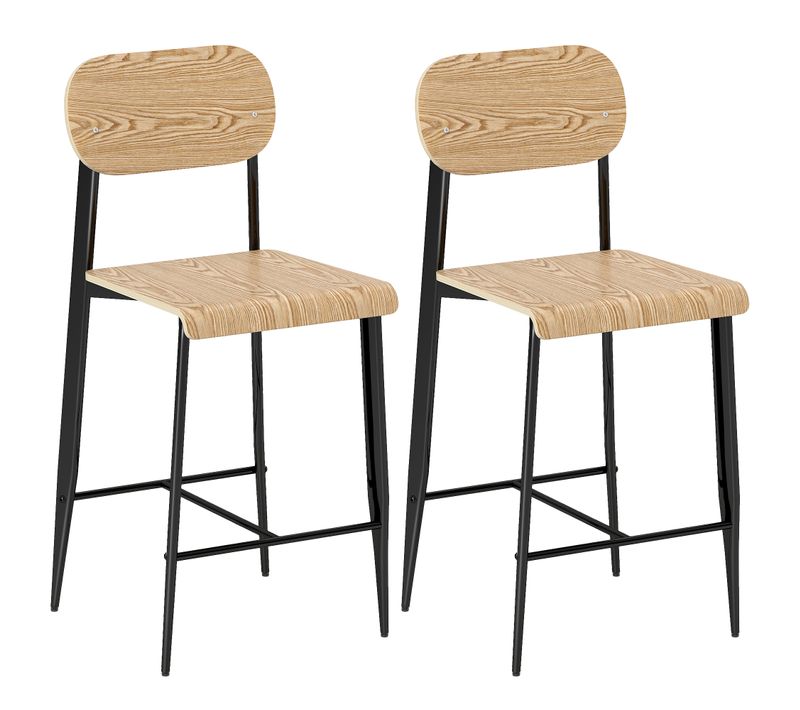 Lot De 2 Chaises De Bar Design Acier Noir Assise Dossier Effet Bois Clair