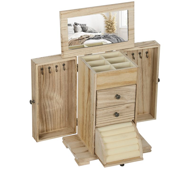 Armoire à Bijoux Bois Style Naturel Poignées Bouton Effet Bronze Antique Miroir