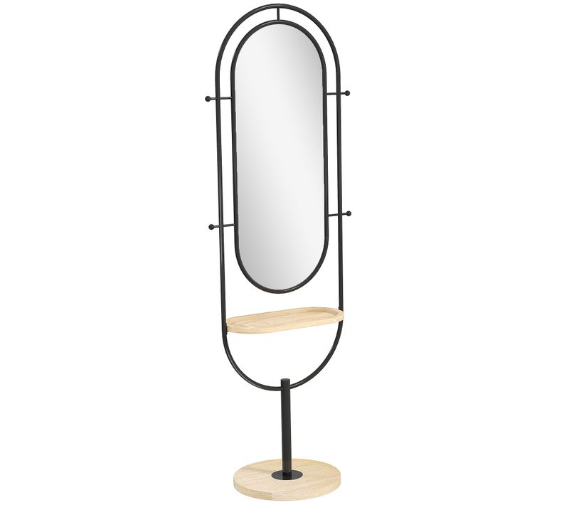 Miroir étagère Design H.175 Cm Tablette 4 Patères Métal Noir Bois Naturel