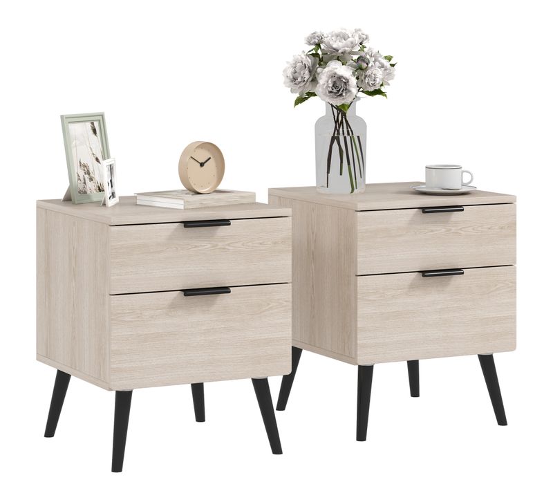 Lot De 2 Chevets Style Nordique - 2 Tiroirs - Bois Noir Effet Chêne Clair