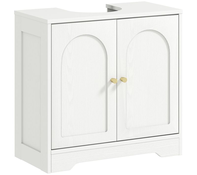 Meuble Sous Vasque Design Effet Bois Blanc Poignées Métal Doré