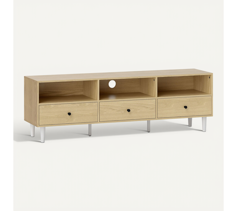 Meuble TV 3 Tiroirs 3 Niches Pieds Effilés Métal Effet Bois