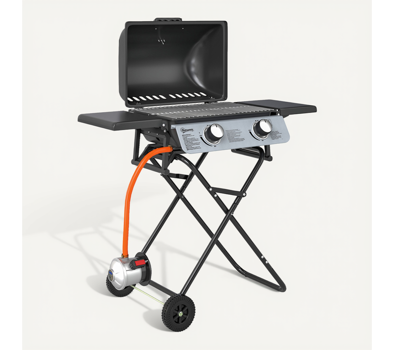 Barbecue Gaz Pliable Portable Avec Couvercle Roues 2 Brûleurs 5,6kw