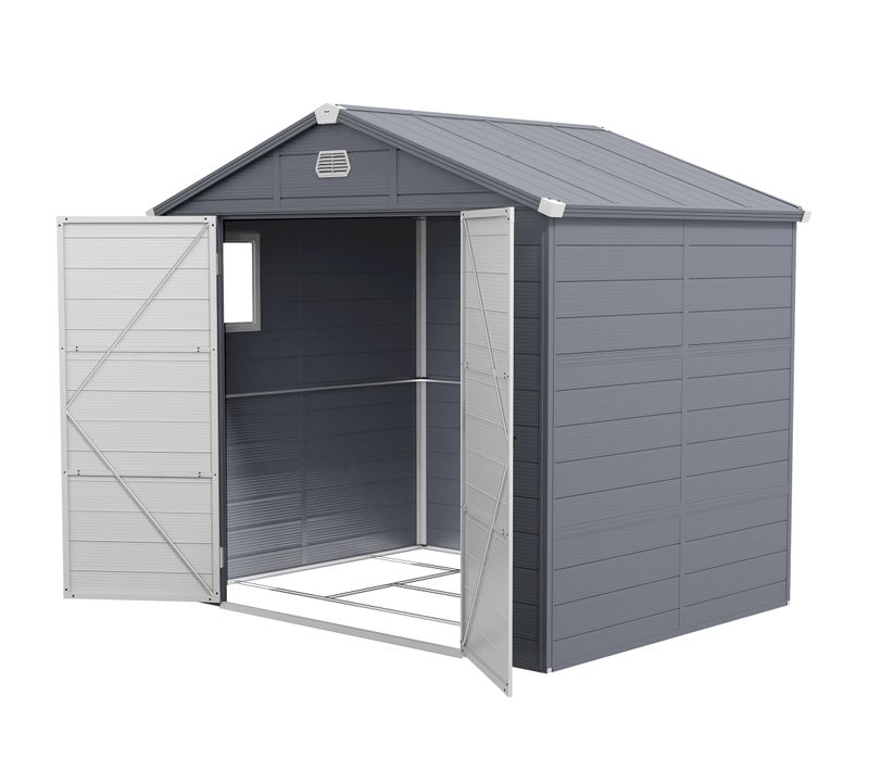 Abri De Jardin 4,6 M² Résine Pp Fondation Structure Alu 2 Portes Fenêtre Gris