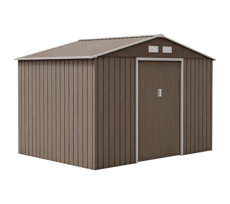 Abri De Jardin 2 Portes Coulissantes Fondation Incluse Tôle Acier Ondulée Effet Bois