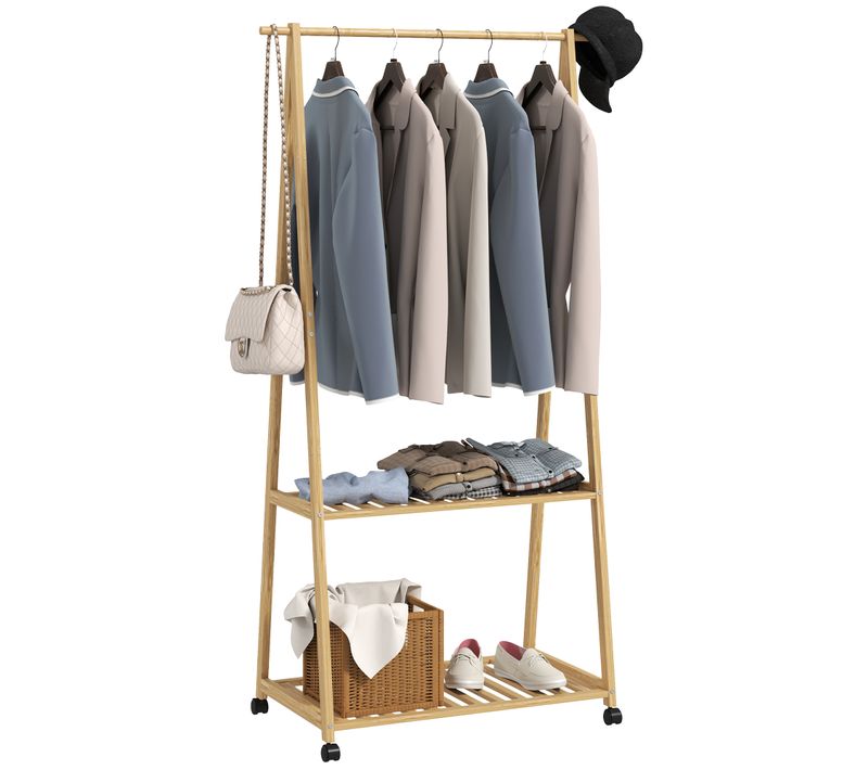 Portant Penderie à Vêtements En Bambou Mobile 4 Roulettes 2 étagères