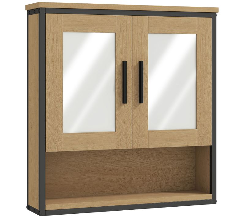 Armoire Miroir Murale Salle De Bain - 2 Portes, Étagère, Niche - Acier Noir Effet Bois