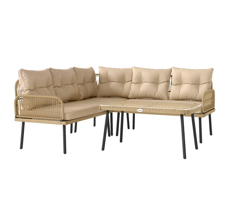 Ensemble Salon De Jardin D'angle 5 Places Table Basse Coussins Beige