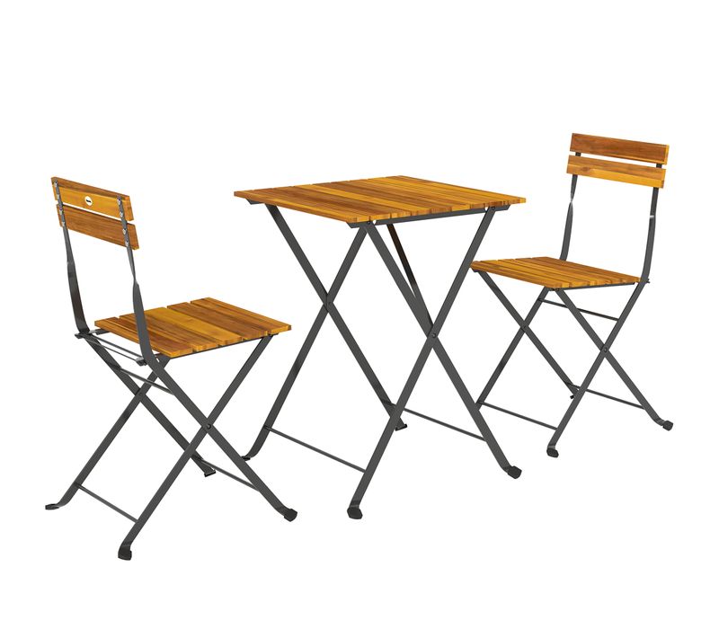 Ensemble Bistrot De Jardin 3 Pièces Pliables Style Exotique Acier Noir Acacia Verni