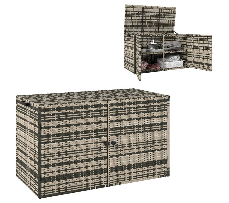 Coffre De Jardin 3 Portes Étagère 350l Résine Tressée Camaïeu De Gris