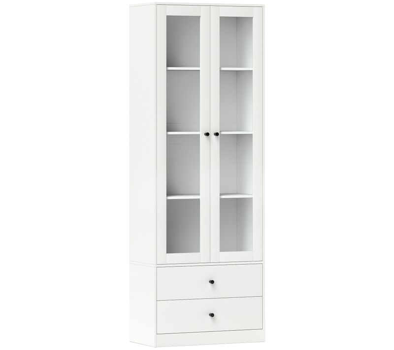 Buffet Haut Vitrine Cuisine - 2 Portes, 3 étagères, 2 Tiroirs - Blanc