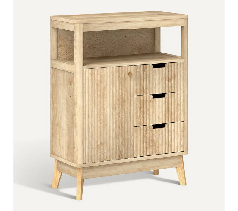 Buffet Design Effet Bois Naturel Clair Porte étagère 3 Tiroirs Niche Plateau