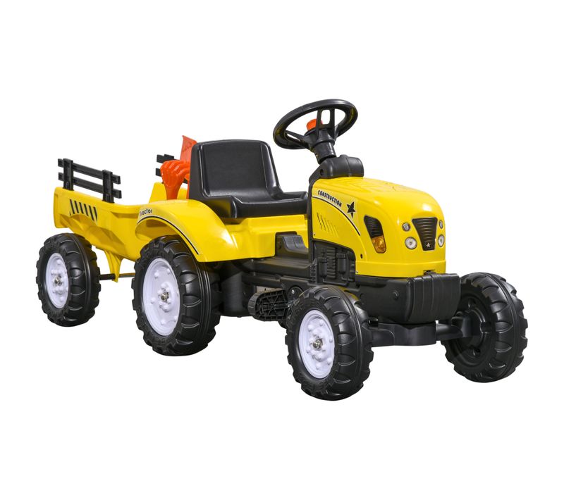 Porteur Tracteur Enfant à Pédales Avec Remorque Râteau Et Pelle 3+ Ans Max. 35 Kg Jaune