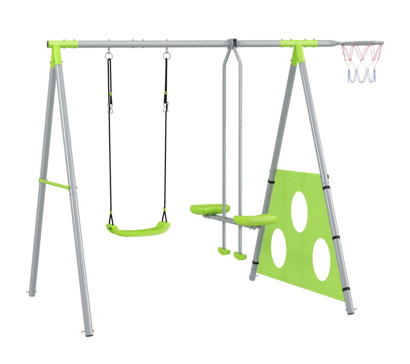 Portique Balançoire Enfant 4 En 1 Acier Gris Vert Pomme