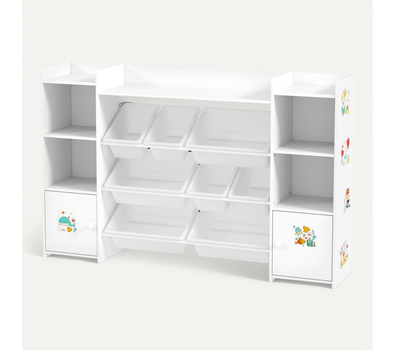Bibliothèque Enfant - Rangement à Bacs Posés X 8 - 4 Niches, 3 étagères, 2 Portes - Blanc