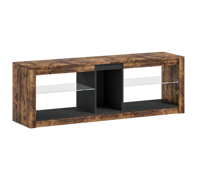 Meuble TV LED Avec Télécommande - 2 étagères Verre, Niche Centrale - Effet Bois Noir