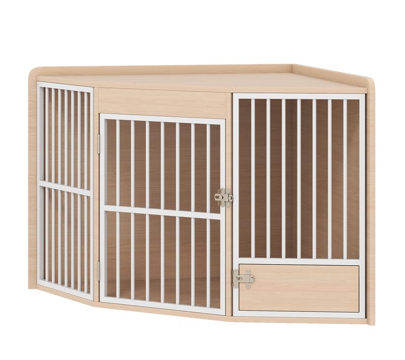 Cage D'angle Pour Chien En Bois Clair Porte Entrée + Porte Rotative Alimentation