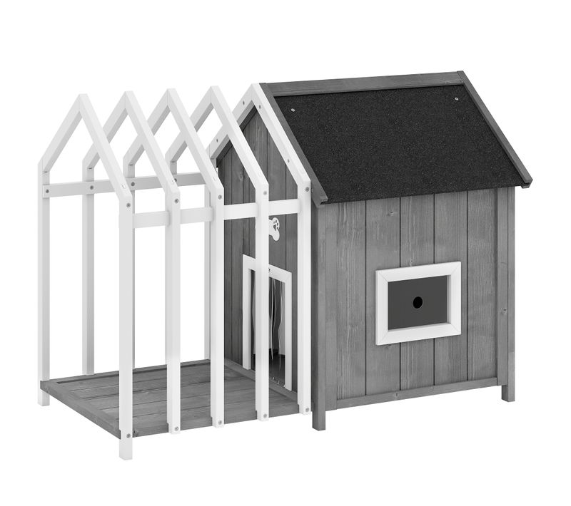 Niche Villa Pour Chien Sur Pied Avec Terrasse Et Claustra Bois Blanc Gris