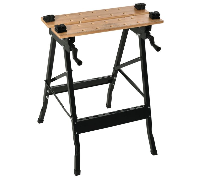 établi étau Pliable - 4 Serre-joints, Rangements - Acier Noir Bambou Verni