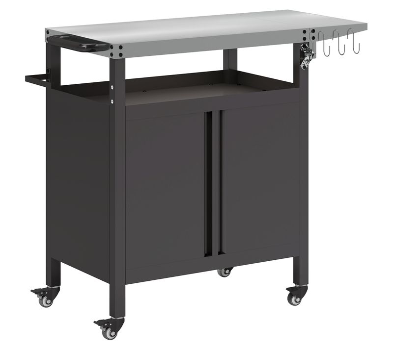 Desserte De Jardin Plancha Barbecue - 2 Portes, Tablette Pliable, 3 Crochets - Acier Noir
