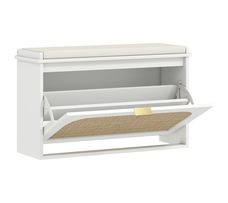 Banc à Chaussures Style Bohème Porte Façade Rotin Poignée Dorée Blanc