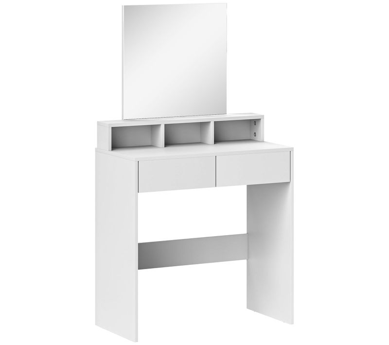 Coiffeuse Grand Miroir - 2 Tiroirs, 3 Compartiments, Étagère - Blanc