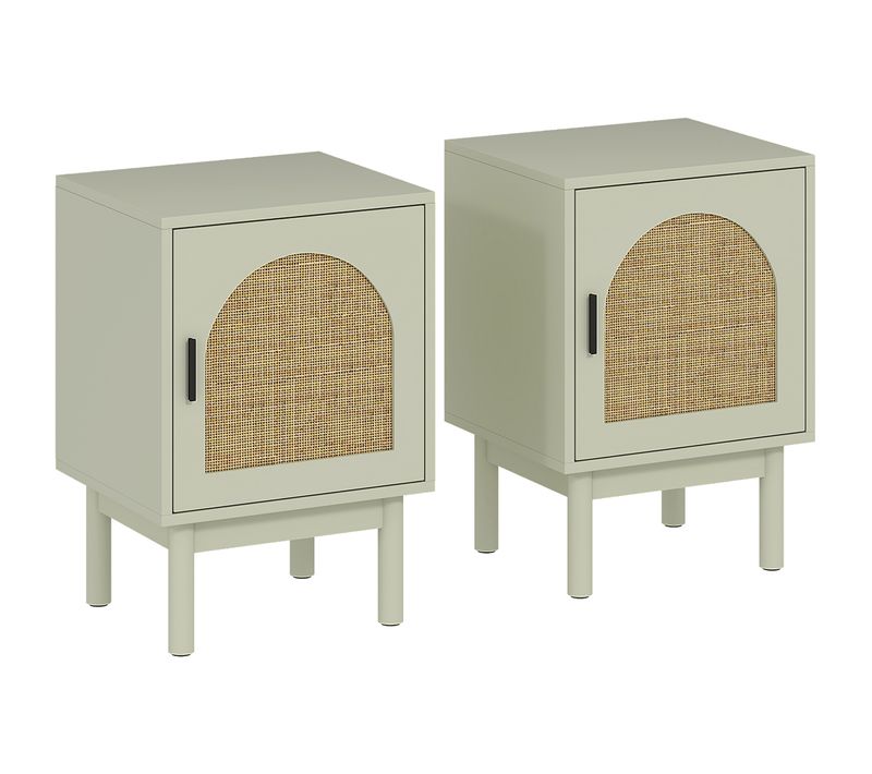 Lot De 2 Chevets Style Bohème Façade Porte Arquée Rotin Bois Vert D'eau