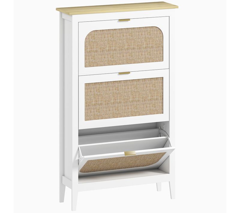 Meuble à Chaussures Style Bohème Chic 3 Portes Rotin Effet Bois Clair Blanc