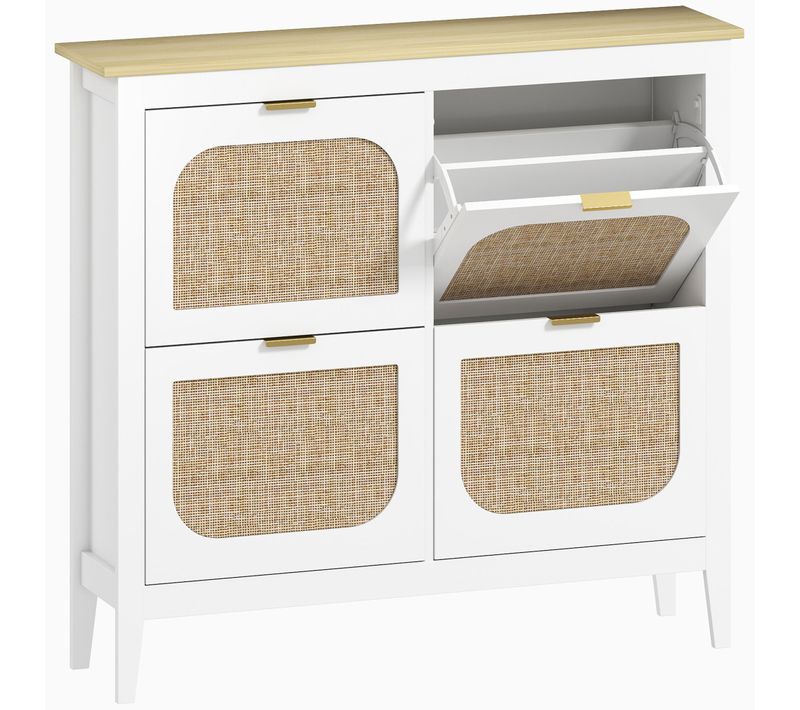 Meuble à Chaussures Style Bohème Chic 4 Portes Rotin Effet Bois Clair Blanc