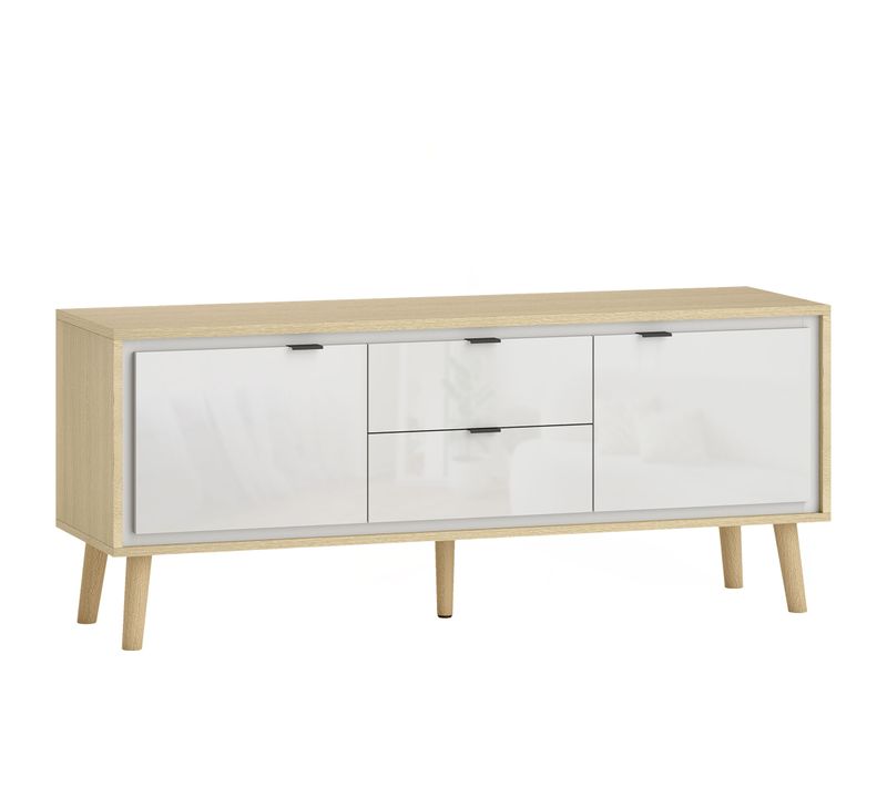 Meuble TV Style Nordique Façade Blanc Laqué Effet Bois Clair