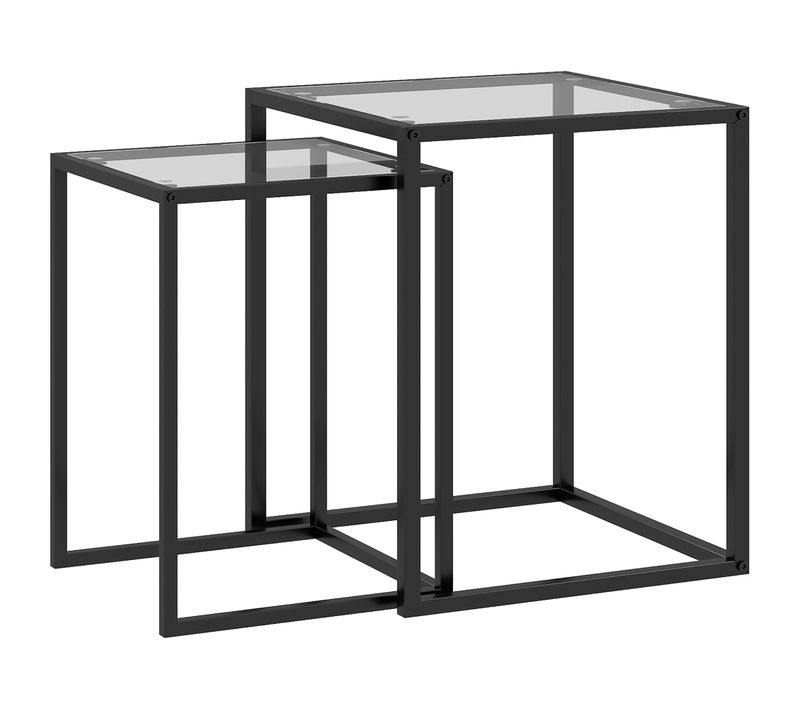 Lot De 2 Tables Basses Gigognes Acier Noir Plateau Verre Trempé 3,6 Mm