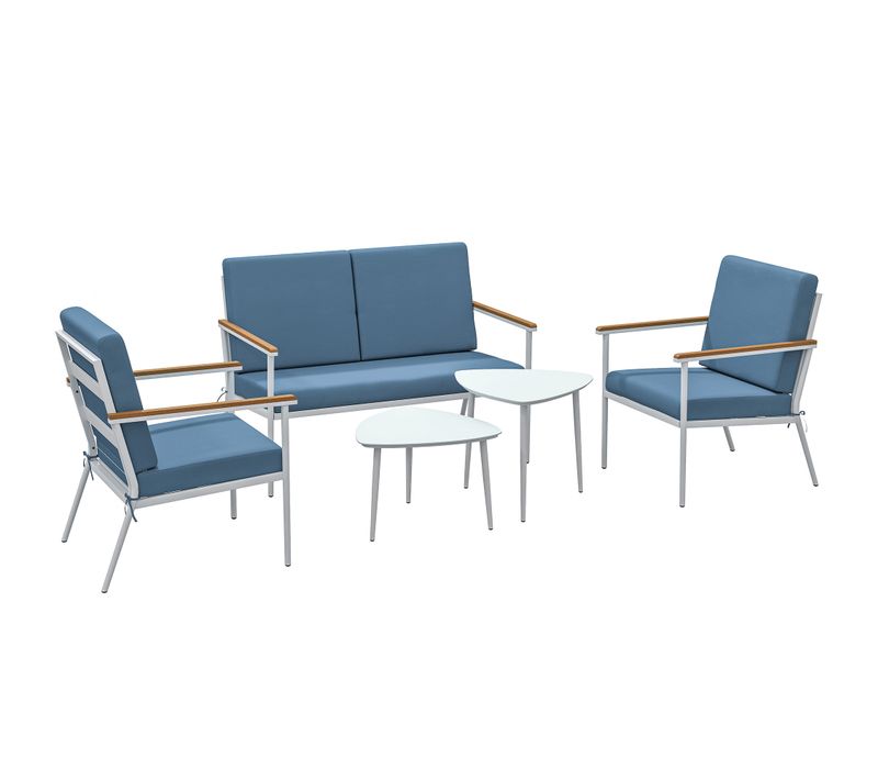 Salon De Jardin 4 Personnes 5 Pièces 2 Tables Basses Gigognes Coussins Bleu