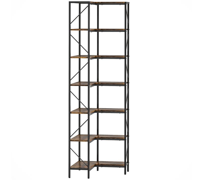 Bibliothèque D'angle 6 Étagères Design Industriel Acier Noir Effet Bois Vieilli