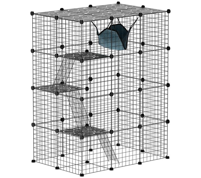 Cage Chat Intérieur - Parc Chat 4 Niv. 5 Portes Hamac Plateformes Rampes - Acier Noir