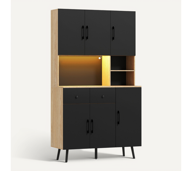 Buffet Haut Armoire Cuisine Design LED Réglable Noir Effet Bois Clair