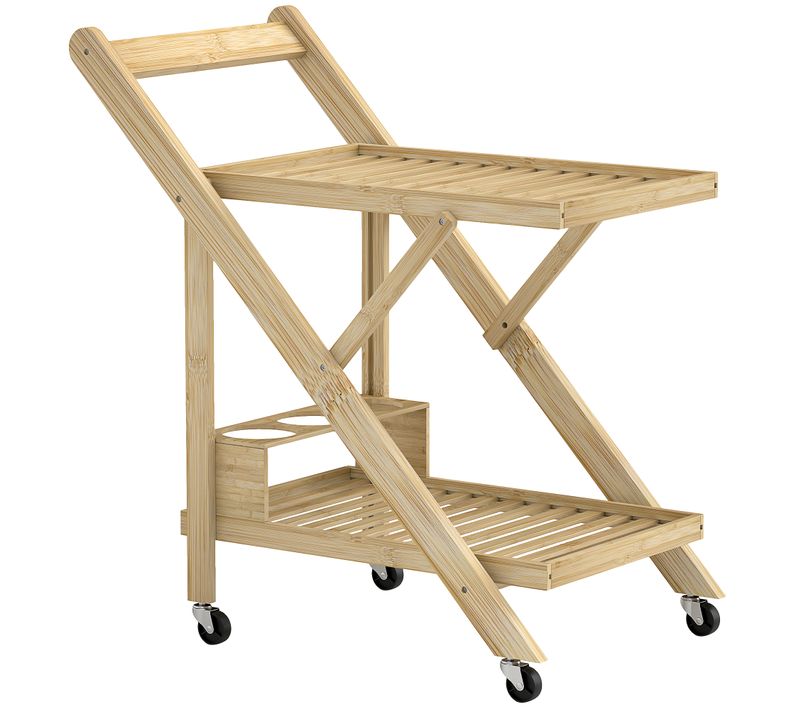 Desserte De Cuisine Pliable En Bambou 2 Plateaux 3 Casiers à Vin