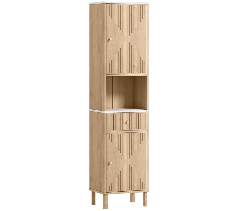 Colonne Salle De Bain Style Bois Naturel Effet Marbre Blanc Multi-rangement