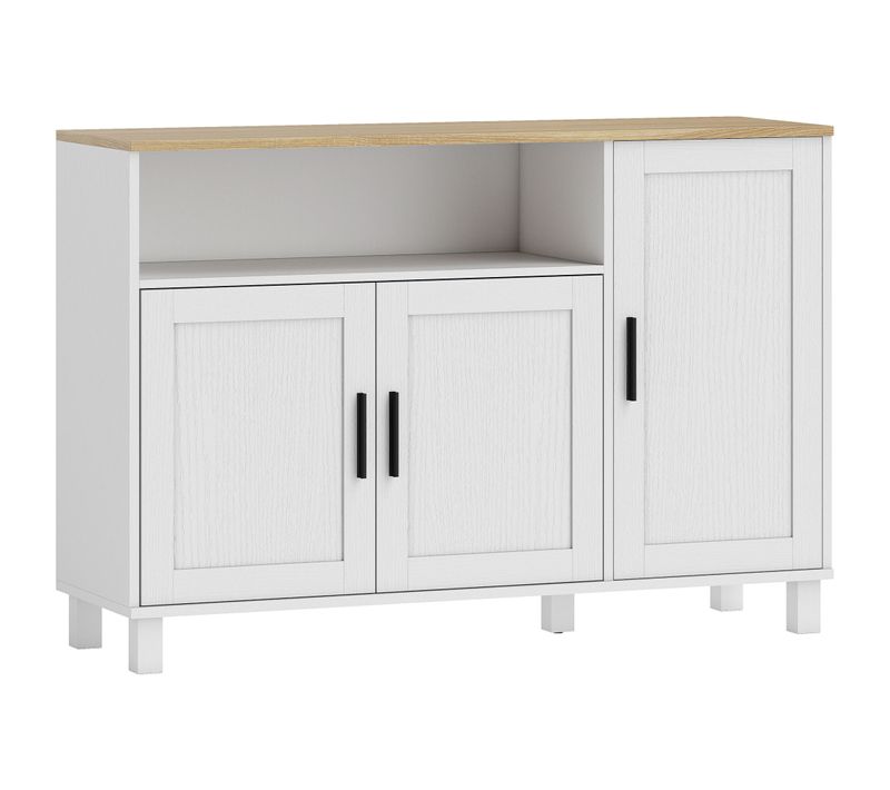 Buffet 3 Portes 2 étagères Niche Poignées Métal Noir Blanc Effet Bois Clair