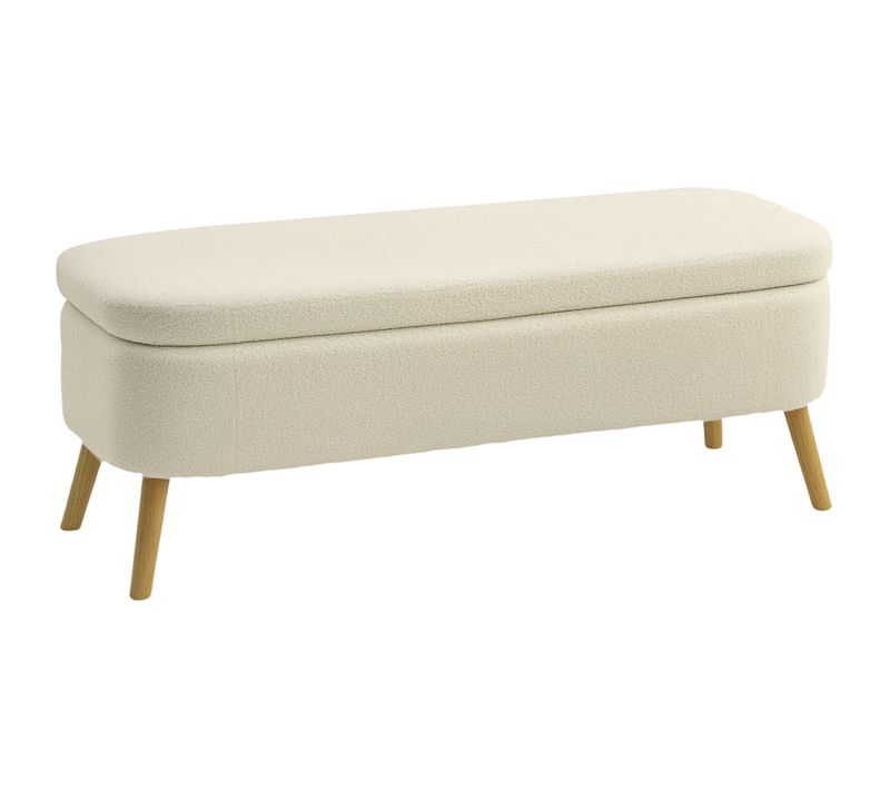 Banquette Coffre Style Nordique Bouclette Piètement Bois Beige Clair