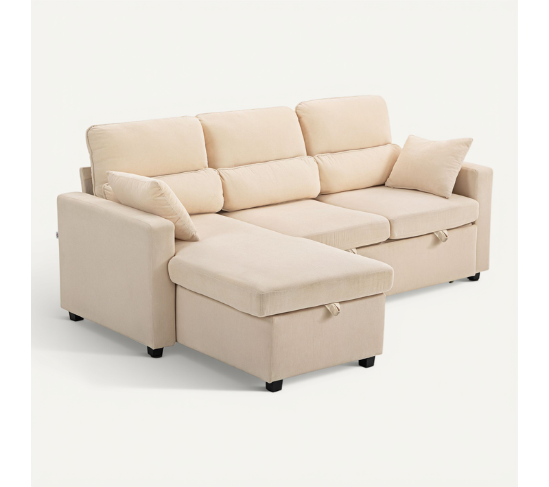 Canapé D'angle Convertible Velours Côtelé Avec Coffre De Rangement Beige