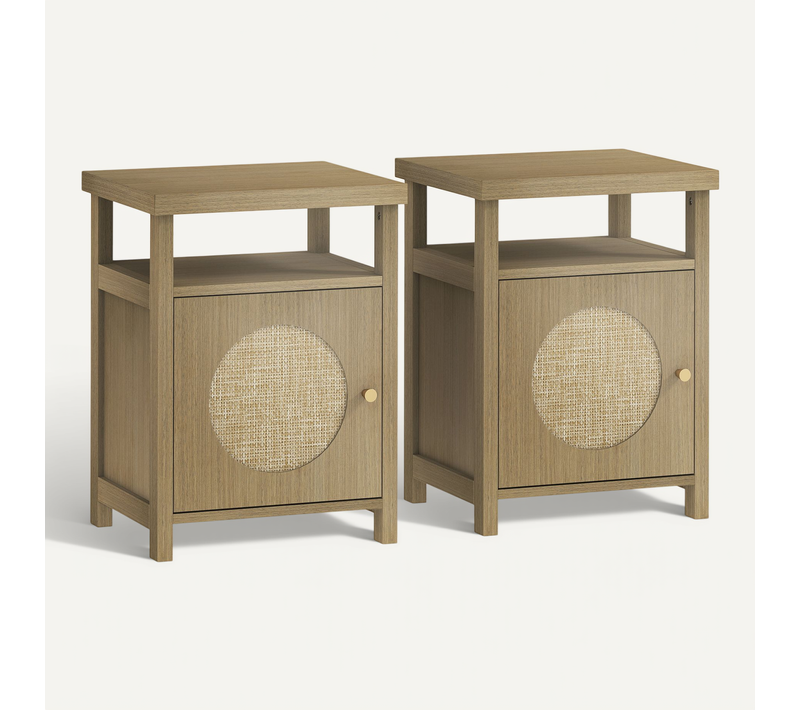 Lot De 2 Chevets Style Bohème Effet Bois Et Cannage - Porte, Niche