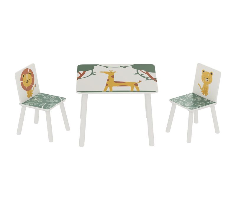 Ensemble Table Et Chaises Enfant Design Savane Animaux Bois Pin Mdf Blanc Vert