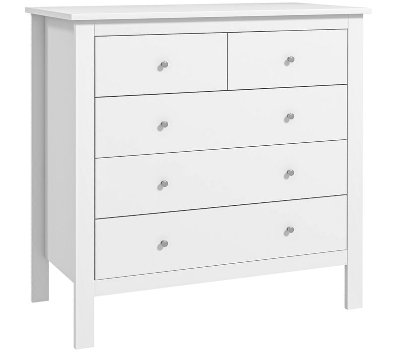 Commode 5 Tiroirs Style Contemporain Poignées Boutons Métal Mdf Blanc