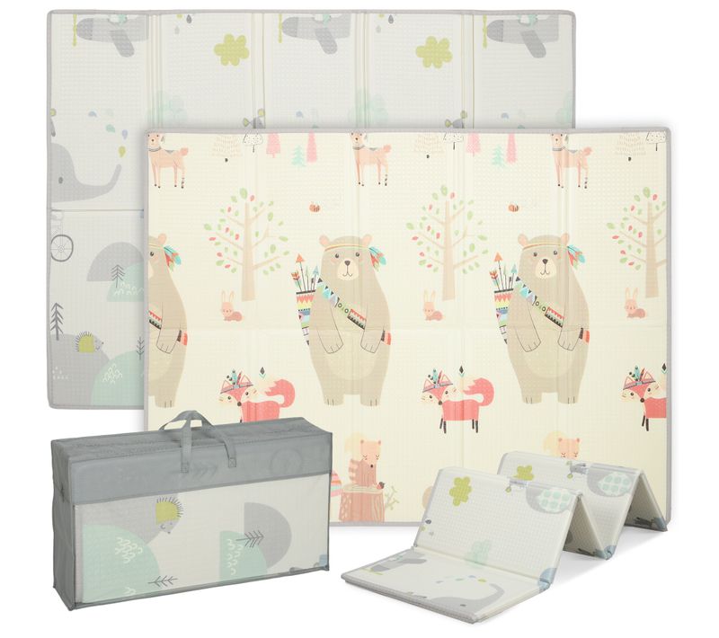 Tapis De Jeu Bébé Pliable Réversible Motif Animaux Forêt Dim. 200 X 150 X 1,5 Cm