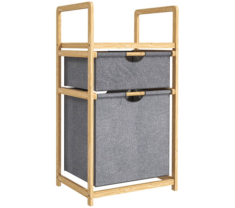Panier à Linge En Bambou - 2 Bacs Et Étagère - Tissu Gris