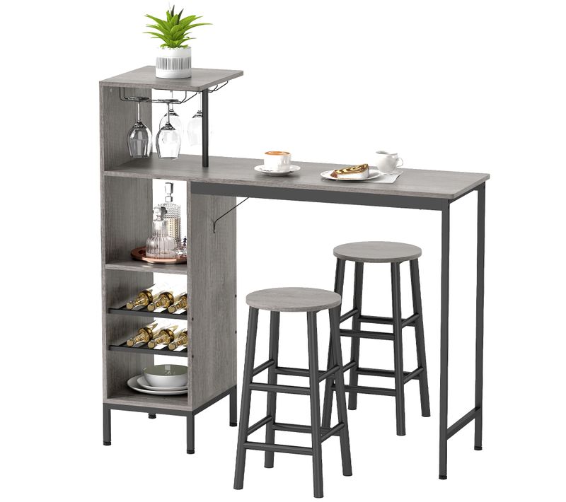 Ensemble Table De Bar 2 Tabourets Étagères Porte-verres Range-bouteilles Gris